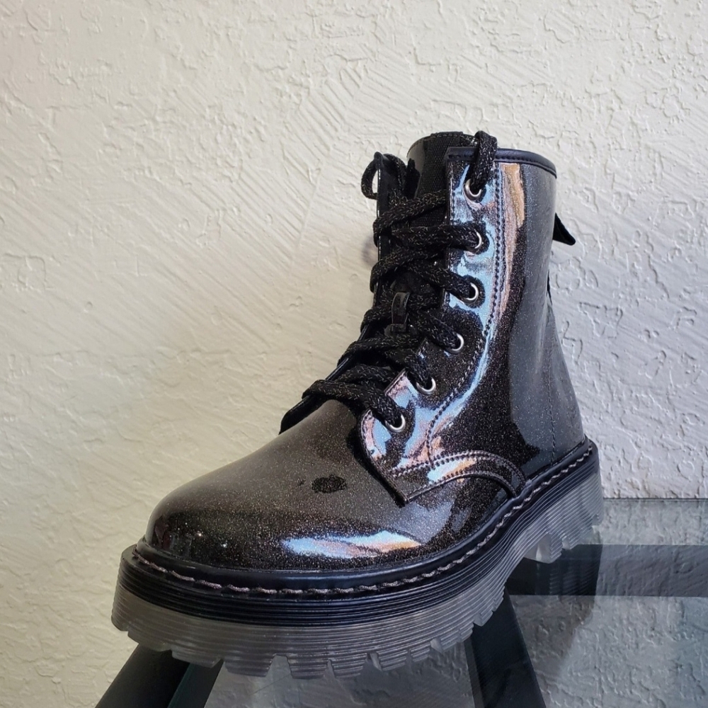 Steve Madden Kids Black Glitter Lace-Up Combat Boots